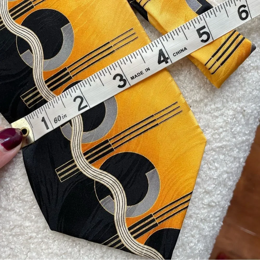 Vintage Mod Retro Silk Handmade in Korea Tie Black Gold Yellow